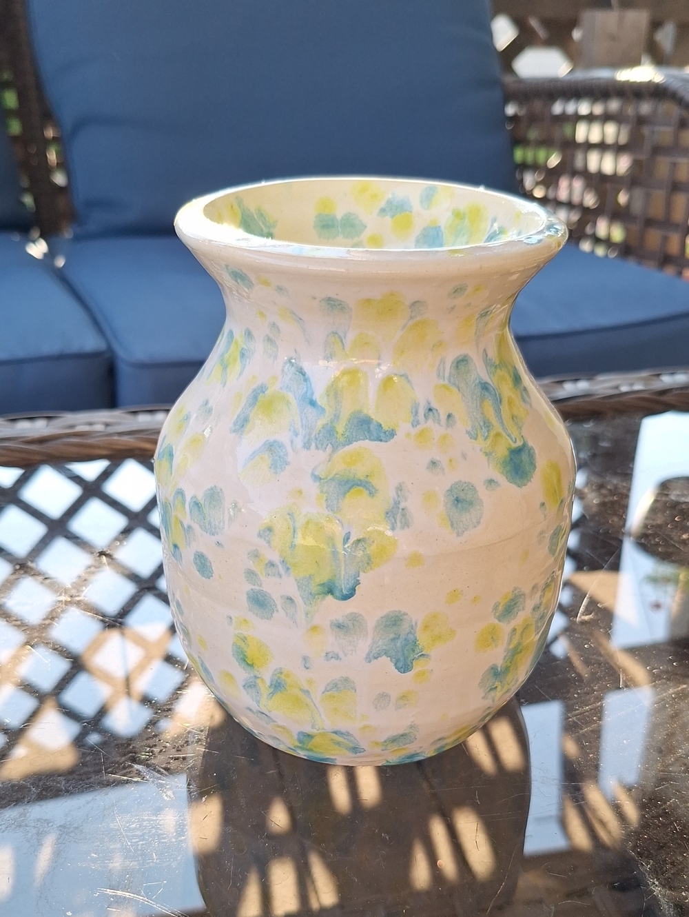 Hand-Painted Ceramic Vase in Yellow and Blue